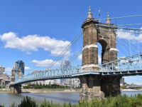 The Roebling Bridge over the Ohio River with Cincinnati in the background.