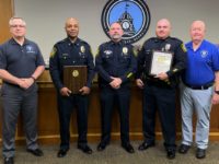 he City of Lawrenceville Police Department has achieved state certification through the Georgia Association of Chiefs of Police. From left are Butch Ayers, chief executive of the chief’s association; Major Myron Walker, Acting Police Chief Lt. Jake Parker; Officer Jason Elliott, certification manager; and Chuck Groover, state certification program coordinator. 